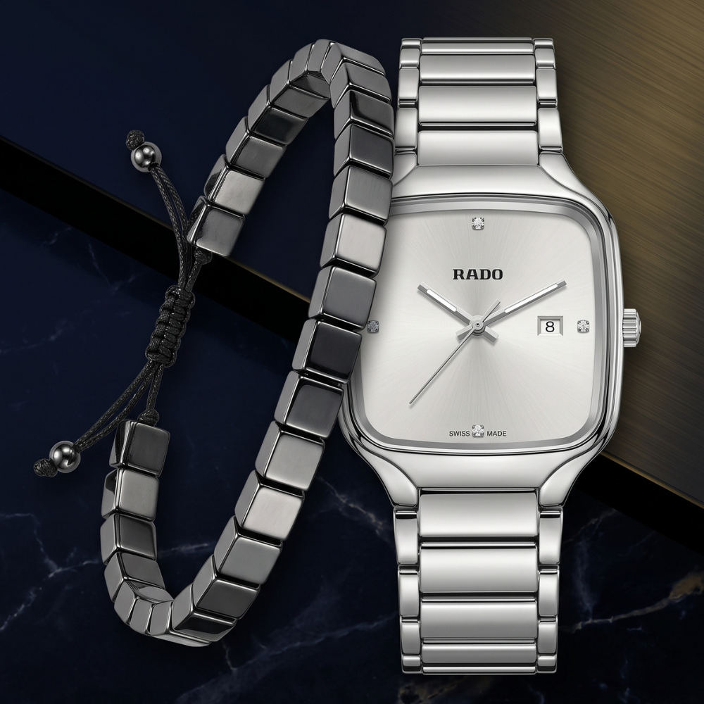 Rado By Trendure Luxury Men's Square Silver Watch with Free Bracelet
