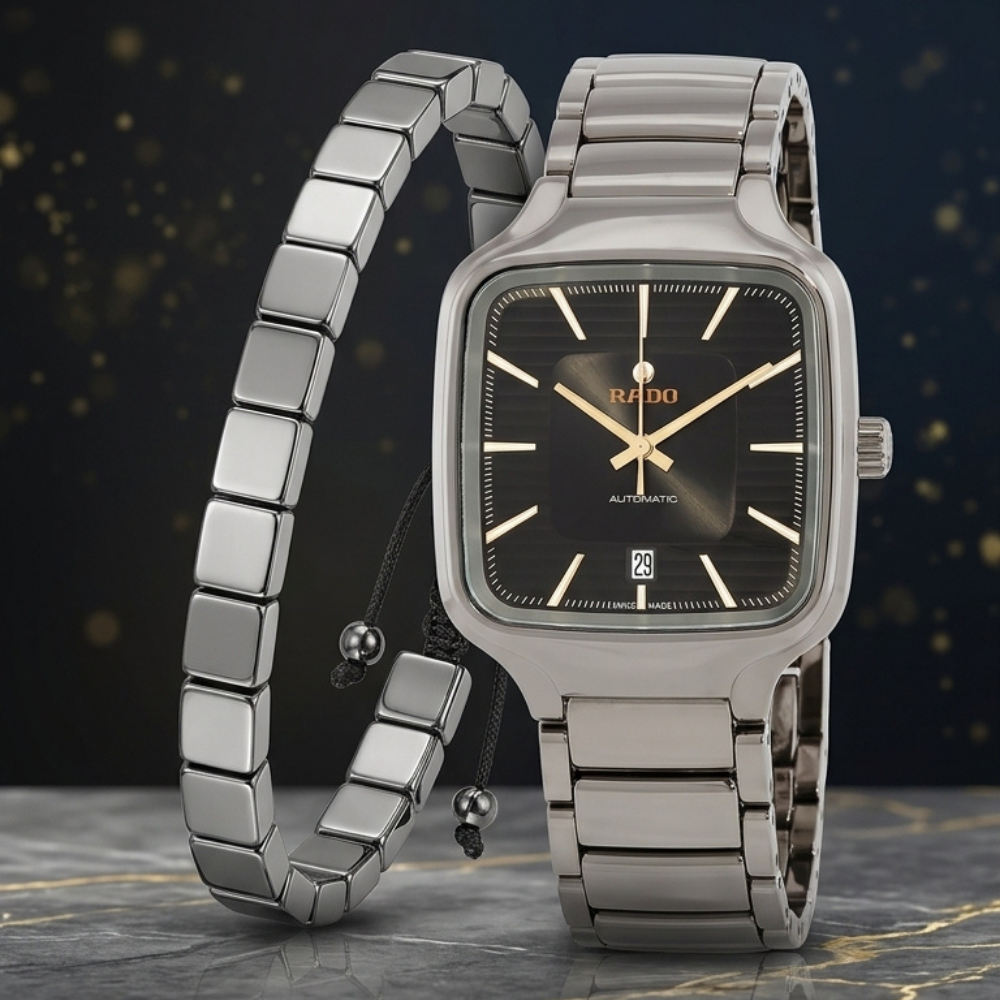 Rado By Trendure Luxury Men's Square Silver Watch with Free Bracelet