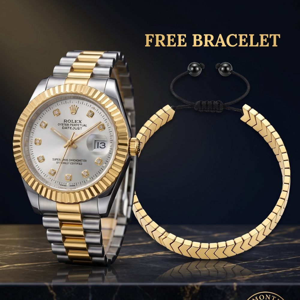 Rolex By Trendure Luxury Men's Two-Tone Gold Silver Watch With Free Bracelet