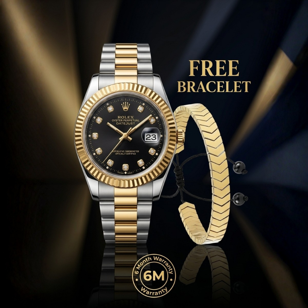 Rolex By Trendure Luxury Men's Two-Tone Gold Silver Watch With Free Bracelet